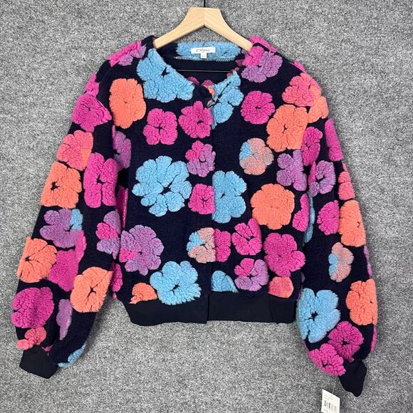 NWT Polagram Women SZ L Long Sleeve Rib Knit Sweater 3D Floral Cardigan‎ Fleece - Picture 1 of 9
